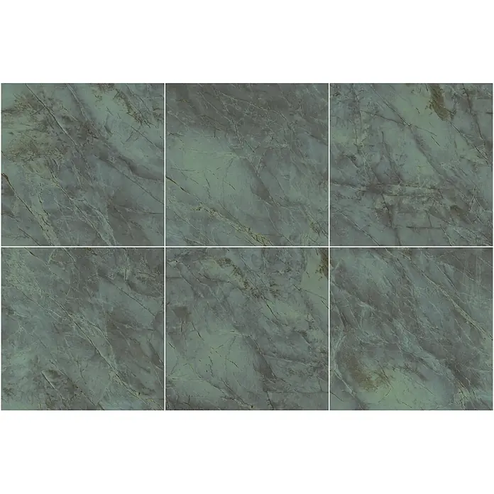 Feinsteinzeugfliese QUARZITE JADORE – 120 x 120 cm, Steinoptik, Brillant -  - Sechs graugrüne Marmorfliesen mit zarter Äderung, die eine große geflieste Fläche bilden.