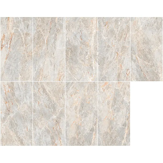 Feinsteinzeugfliese SARRANCOLIN LIGHT – 60 x 120 cm, Marmoroptik, Brillant -  - Helle grau-Marmorfliesen mit rotbraunen Äderungen, als Oberfläche angeordnet.