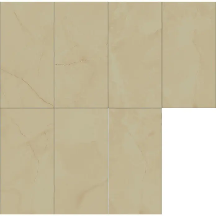 Feinsteinzeugfliese ONYX POLISHED – 60 x 120 cm, Onyxoptik, Brillant -  - Beige marmorierte Fliesen mit rotbrauner Maserung, gitterförmig angeordnet für Boden- oder Wandbelag.