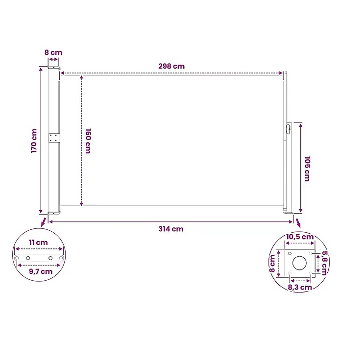 vidaXL Seitenmarkise Rot 300 x 300 x 170 cm Stoff -  - Technische Zeichnung einer ausziehbaren Seitenmarkise mit Maßen: 170cm Pfostenhöhe, 160cm Sichtschutzhöhe, 298cm Auszugsbreite.