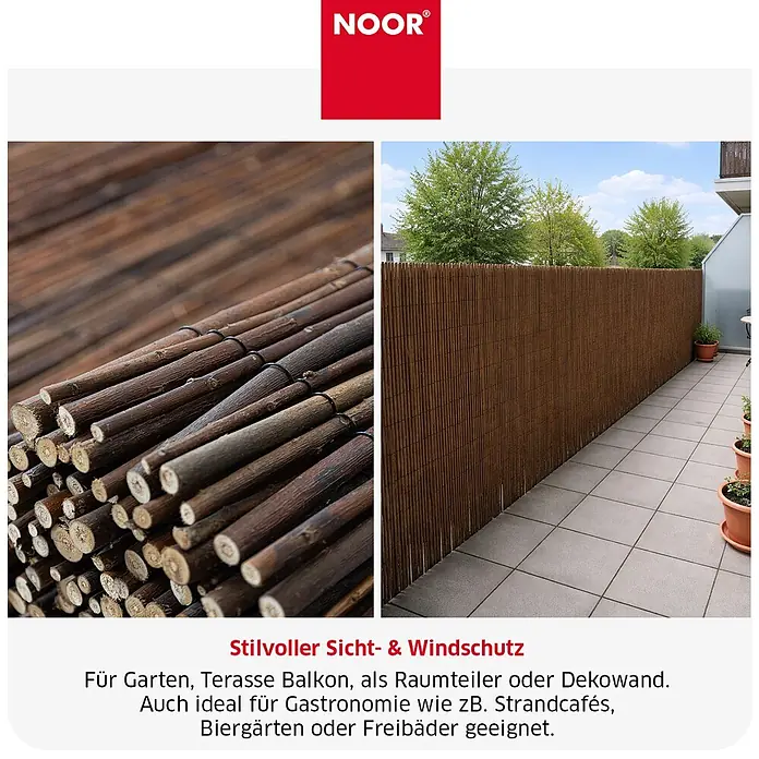 NOOR Sichtschutz Weidenmatte DELUXE - Natur - 100x300 cm - Sicht- und Windschutz aus dunkelbraunen Naturholz-Ästen, installiert auf einer Terrasse, bietet Privatsphäre und Dekoration.