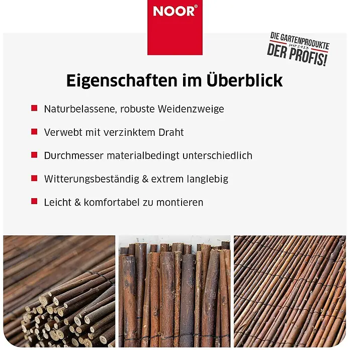 NOOR Sichtschutz Weidenmatte DELUXE - Natur - 100x300 cm - Geflechtmatte aus naturbelassenen, robusten Weidenzweigen, die unterschiedliche Durchmesser und Brauntöne zeigen.