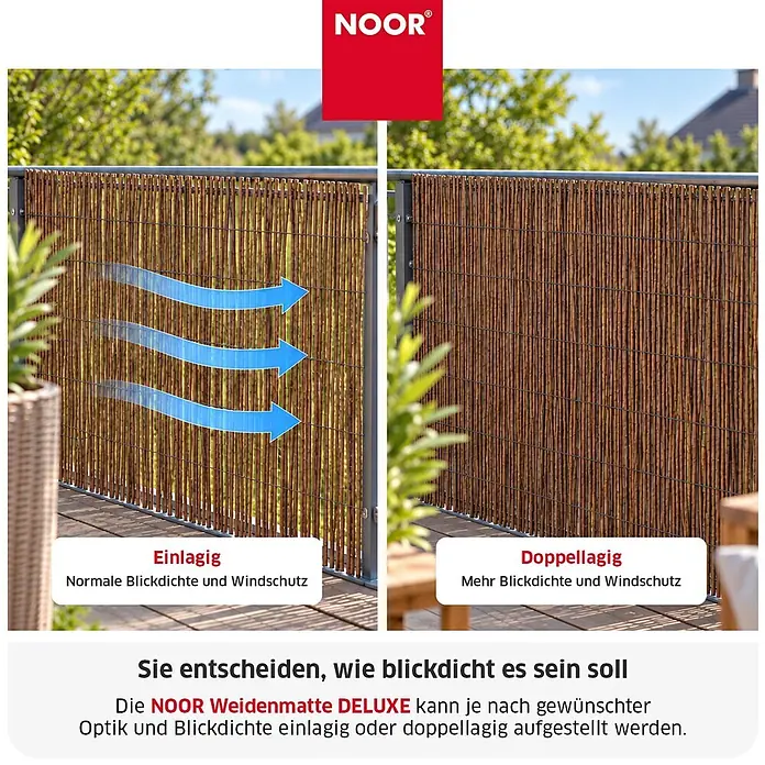 NOOR Sichtschutz Weidenmatte DELUXE - Natur - 100x300 cm - Weiden-Sichtschutzmatte in einlagiger und doppellagiger Ausführung, für unterschiedliche Blickdichte und Windschutz auf einem Balkon.
