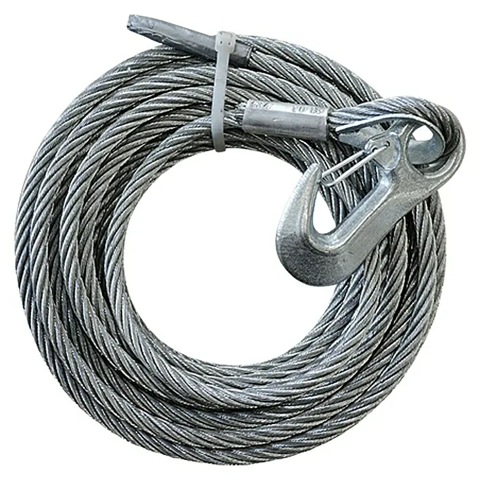 Windendrahtseil - 12,5 m, Durchmesser: 7 mm, Haken mit Sicherung - Aufgewickeltes Drahtseil mit Haken und Kabelbinder zur Sicherung, ideal für Abschleppen und Heben von Lasten.