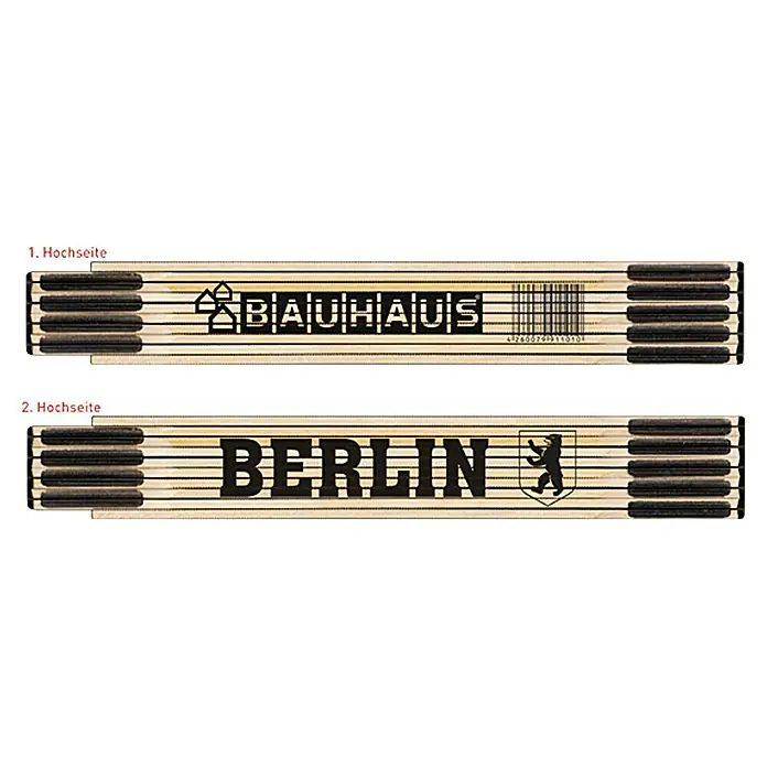BAUHAUS Zollstock - Berlin, 2 m - Bild einer Zollstock mit "BAUHAUS" und "BERLIN" Aufdruck. Das Produkt ist aus Holz gefertigt und zeigt klare, schwarze Schriftzüge.