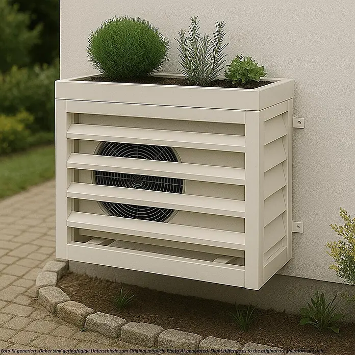 Mendler Verkleidung für Klimaanlage/Wärmepumpe HWC-O43 Metall - grau-weiß -  - Beige Lamellen-Klimaanlagenabdeckung mit integriertem Pflanzkasten und Pflanzen, an einer Hauswand montiert.