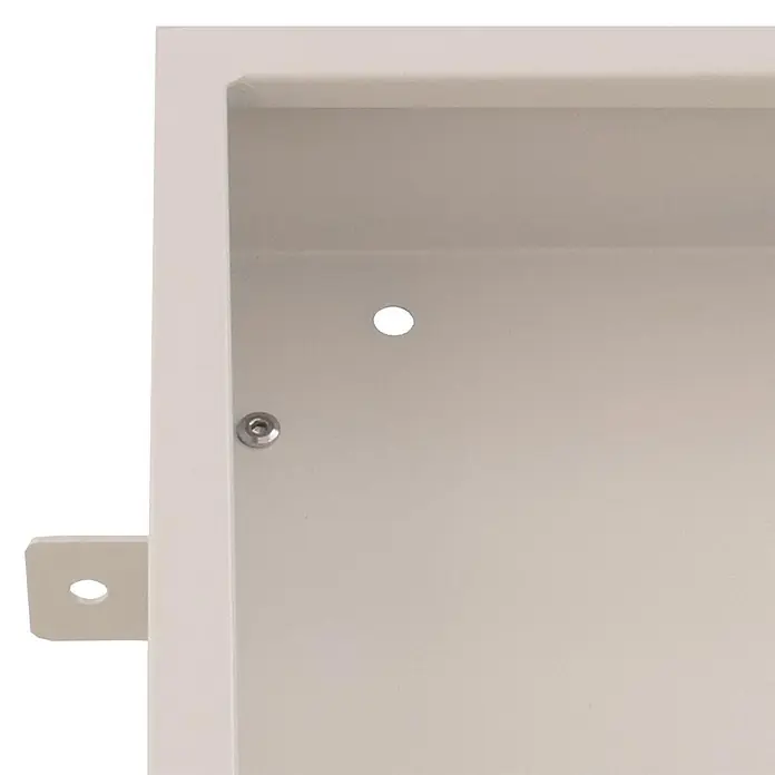 Mendler Verkleidung für Klimaanlage/Wärmepumpe HWC-O43 Metall - grau-weiß -  - Helle beige Metallgehäuse-Innenseite mit Befestigungslöchern und Seitenhalterung.