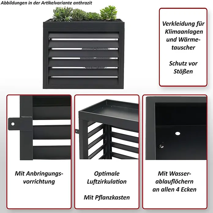 Mendler Verkleidung für Klimaanlage/Wärmepumpe HWC-O43 Metall - grau-weiß -  - Anthrazitfarbene Metallverkleidung für Klimaanlagen mit integriertem Pflanzkasten und Lamellen für optimale Luftzirkulation.