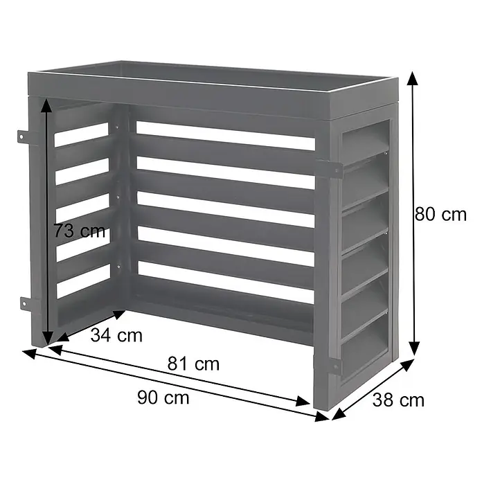Mendler Verkleidung für Klimaanlage/Wärmepumpe HWC-O43 Metall - grau-weiß -  - Dunkelgraue Lamellen-Klimaanlagenabdeckung aus Metall oder Pflanzgefäß mit Maßen.