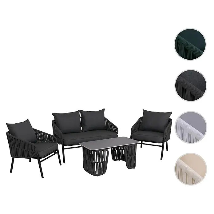 Mendler Gartengarnitur HWC-P90 Stoff/Textil - anthrazit -  - Dunkelgraues 4-teiliges Outdoor-Set mit geflochtenen Seildetails, Kissen und rechteckigem Couchtisch.