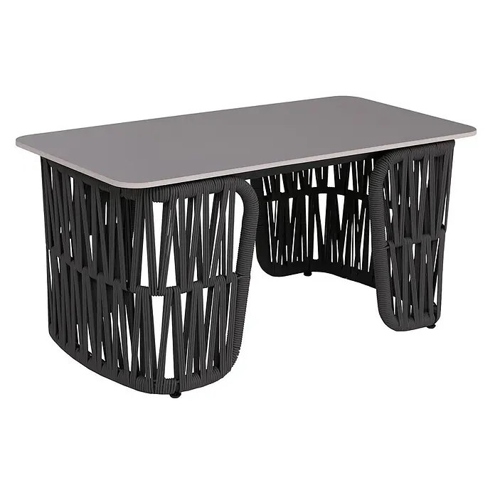 Mendler Gartengarnitur HWC-P90 Stoff/Textil - anthrazit -  - Grauer Tisch mit rechteckiger Platte und dunkelgrauem geflochtenem Seilgestell.