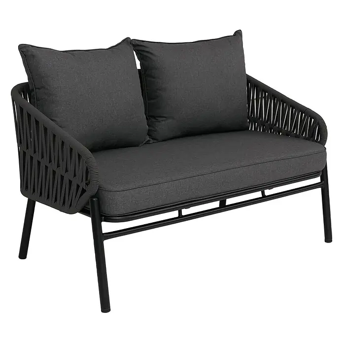 Mendler Gartengarnitur HWC-P90 Stoff/Textil - anthrazit -  - Zweisitziges Outdoor-Sofa mit dunkelgrauen Kissen, geflochtenen Seildetails und schwarzem Metallgestell.