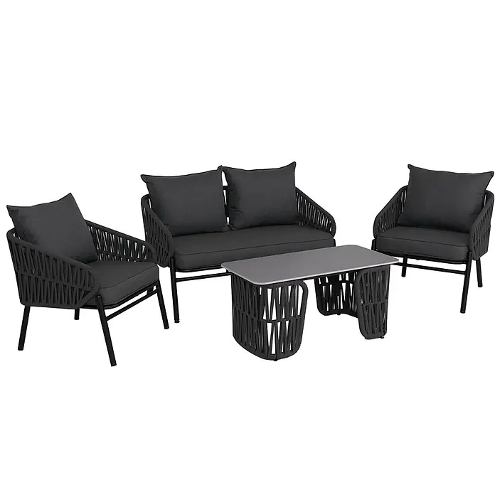 Mendler Gartengarnitur HWC-P90 Stoff/Textil - anthrazit -  - Dunkelgraue Outdoor-Loungegruppe: zwei Sessel, ein Zweisitzer-Sofa und ein Couchtisch mit geflochtenen Seildetails und schwarzen Metallgestellen.