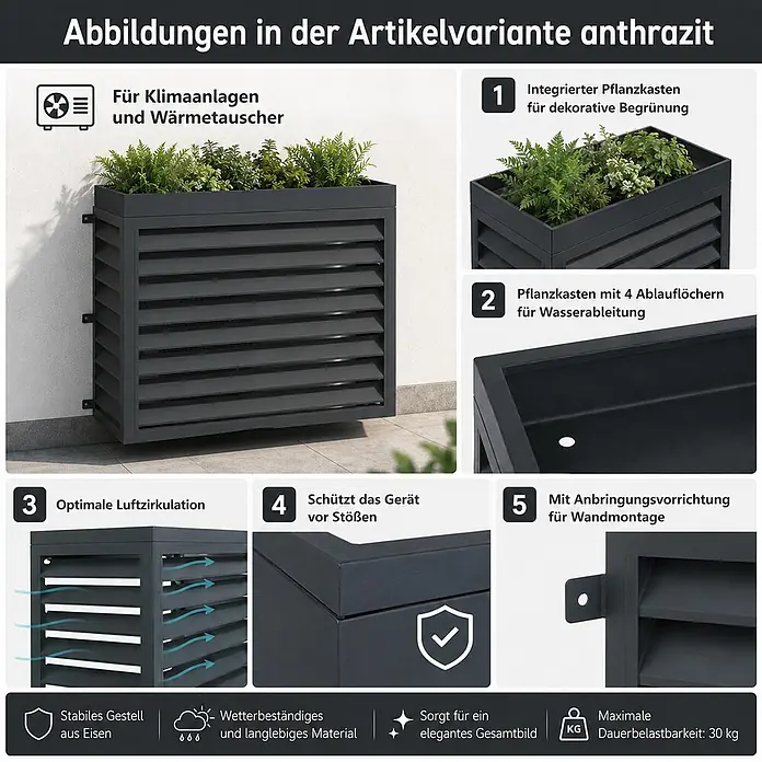 Mendler Verkleidung für Klimaanlage/Wärmetauscher HWC-O43-5 - anthrazit -  - Anthrazitfarbene Abdeckung aus Eisen für Klimaanlagen mit integriertem Pflanzkasten zur Wandmontage.