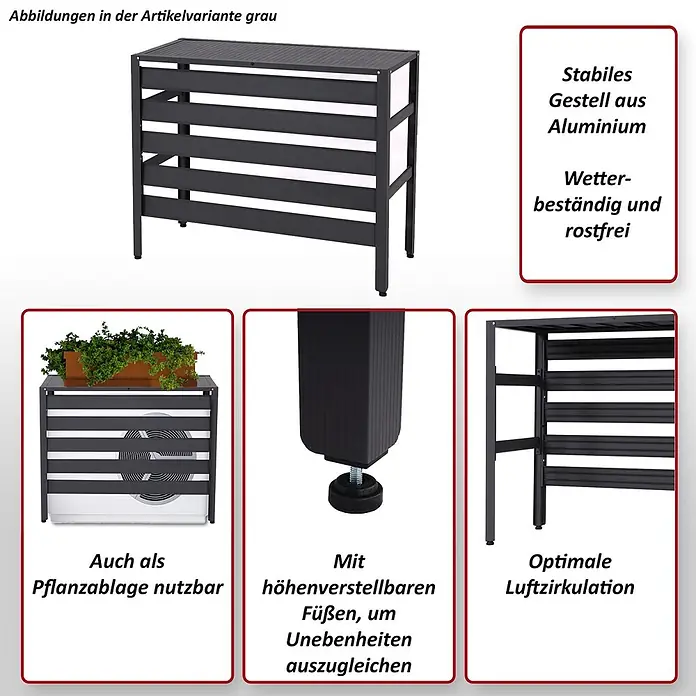 Mendler Alu Verkleidung für Klimaanlage/Wärmepumpe HWC-K59 Metall - grau -  - Graue Aluminium-Abdeckung für Außengeräte, wetterbeständig, mit höhenverstellbaren Füßen und Pflanzablage.