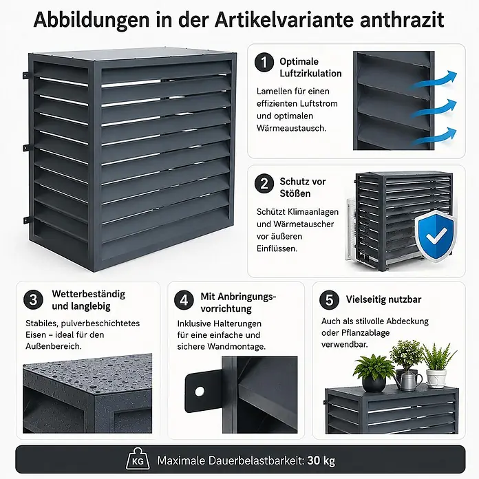 Mendler Verkleidung für Klimaanlage/Wärmetauscher HWC-O43-4 - anthrazit -  - Anthrazitfarbene pulverbeschichtete Metallverkleidung für Außengeräte, mit Lamellen für Luftzirkulation und Wetterschutz.