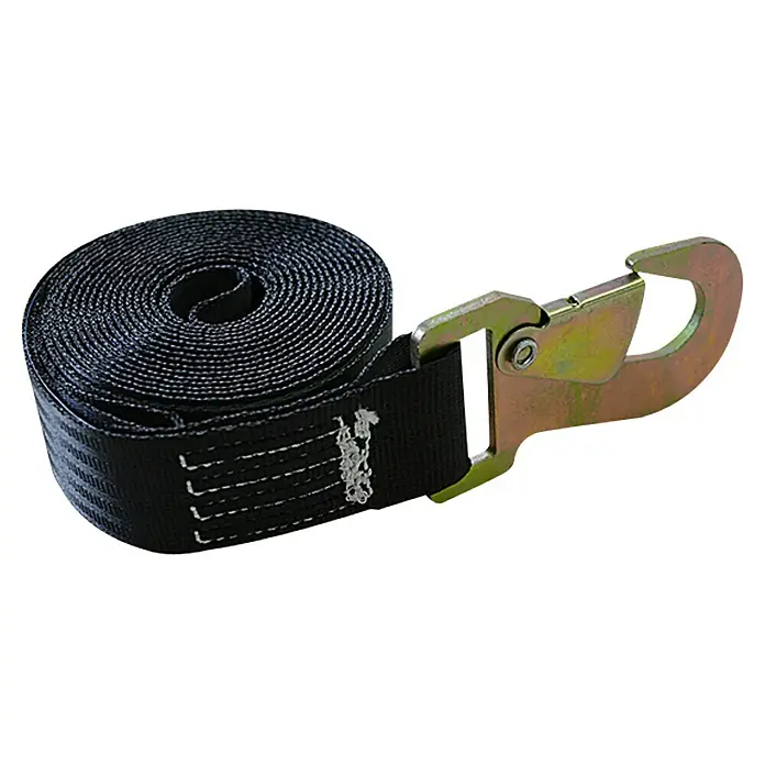 Gurtband - Haken mit Sicherung, 4,6 m x 50 mm, Polyester - Schwarzes Zurrband mit gelbem Haken zur Ladungssicherung.
