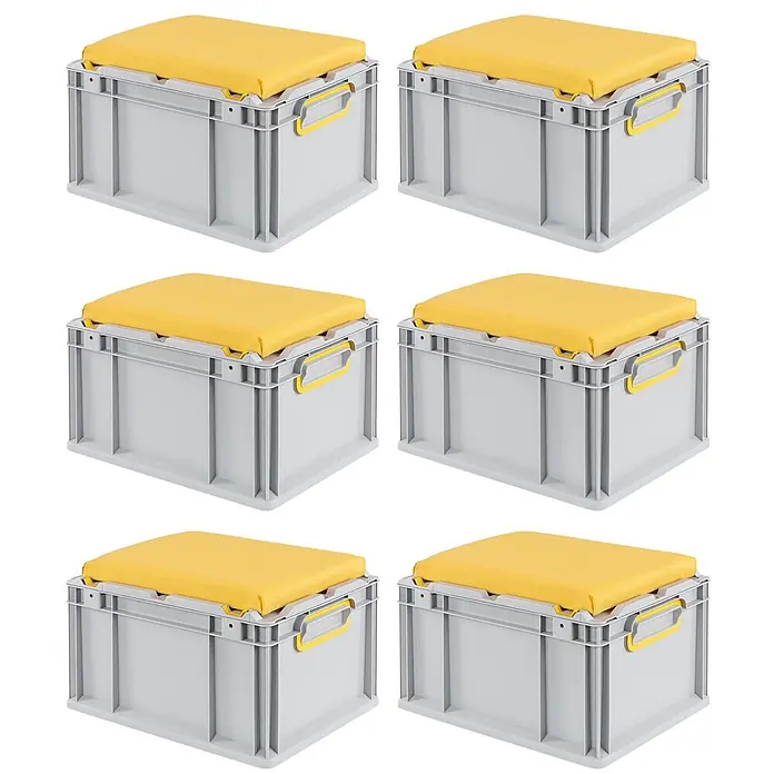 Eurobox NextGen Seat Box Gelb 26,5x30x40cm 20L Griffe geschlossen , Sitzbox -  - Sechs graue Aufbewahrungsboxen mit leuchtend gelben Kissen, nutzbar als praktische Sitzgelegenheiten und Organizer.