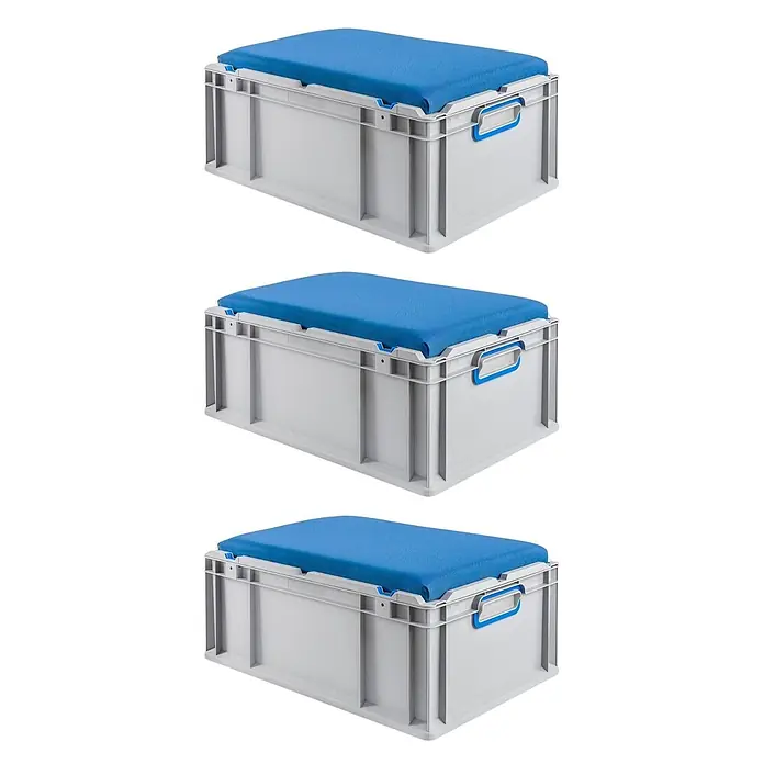 Eurobox NextGen Seat Box Blau 26,5x40x60cm 44L Griffe geschlossen , Sitzbox -  - Graue Kunststoff-Lagerbox mit blauem Polsterkissen oben, auch als Sitzgelegenheit nutzbar.