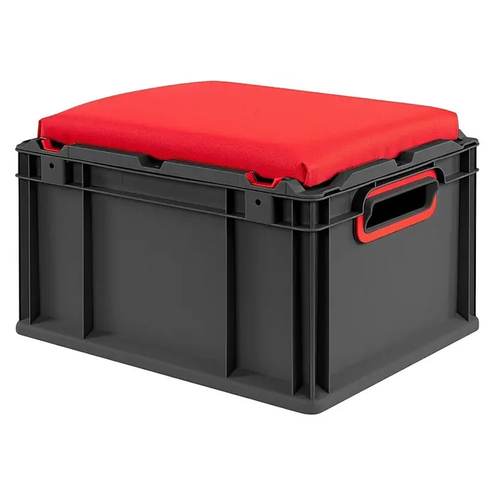 Eurobox Nextgen Seat Box Rot, 26,5x30x40cm, 20L, Griffe Offen, Schwarz -  - Dunkelgraue Kunststoff-Aufbewahrungsbox mit rotem Polsterdeckel, als Sitzgelegenheit geeignet.