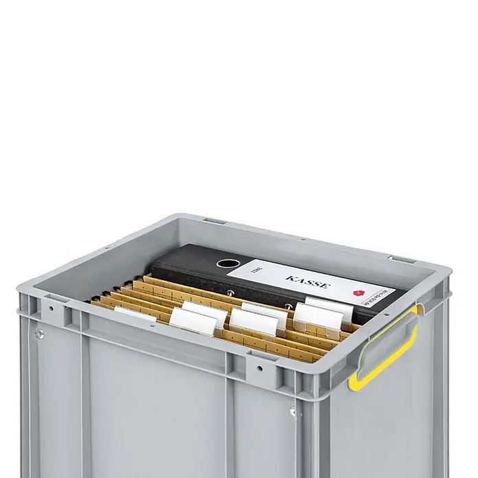 Hängeregisterbox Nextgen, 32x30x40, 30 Liter, Griffe Gelb Geschlossen, Grau -  - Graue Kunststoff-Aufbewahrungsbox mit gelben Griffen, enthält Hängeregistraturen und einen schwarzen Aktenordner zur Dokumentenorganisation.