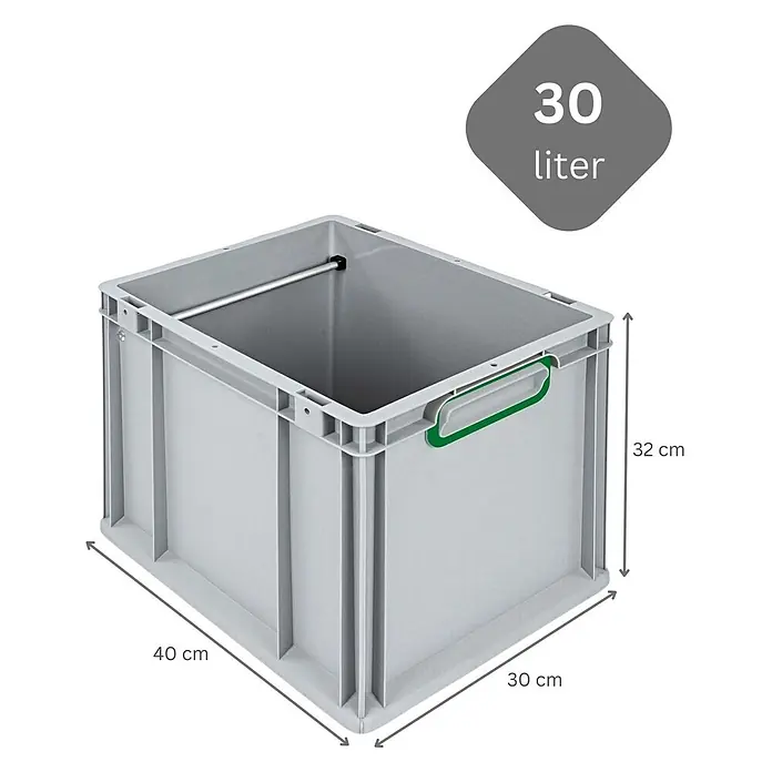 Hängeregisterbox Nextgen, 32x30x40, 30 Liter, Griffe Grün Geschlossen, Grau -  - Graue Kunststoff-Aufbewahrungsbox, 30 Liter Fassungsvermögen, mit grünem Griff und Innenstange.