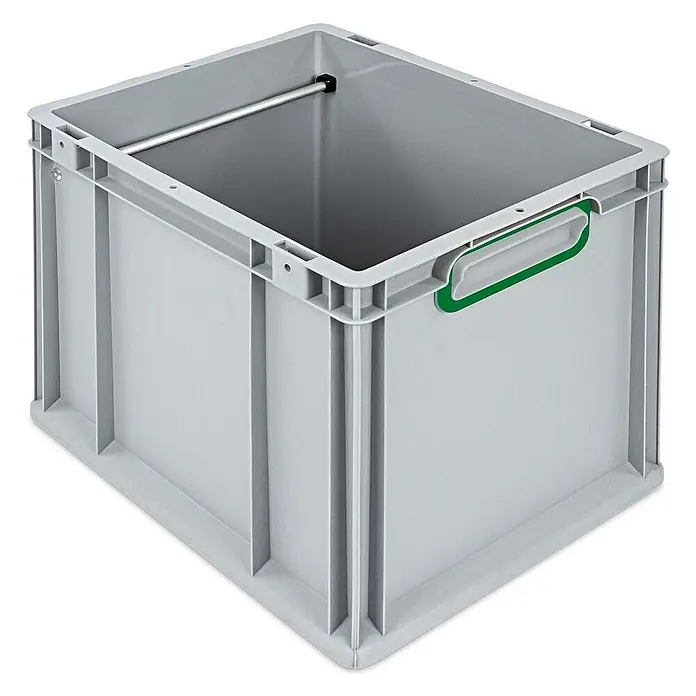 Hängeregisterbox Nextgen, 32x30x40, 30 Liter, Griffe Grün Geschlossen, Grau -  - Graue Kunststoff-Lagerbox mit grünem Griff und interner Metall-Hängeregisterstange.