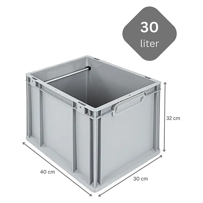 Hängeregisterbox Nextgen, 32x30x40, 30 Liter, Griffe Grau Geschlossen, Grau -  - Graue Kunststoff-Stapelbox, 30 Liter Volumen, 40x30x32 cm, mit einer internen Metallstange.