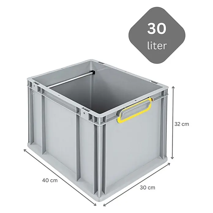 Hängeregisterbox Nextgen, 32x30x40, 30 Liter, Griffe Gelb Geschlossen, Grau -  - Graue Kunststoff-Stapelbox mit gelbem Griff, 30 Liter Fassungsvermögen, Maße 40x30x32 cm.