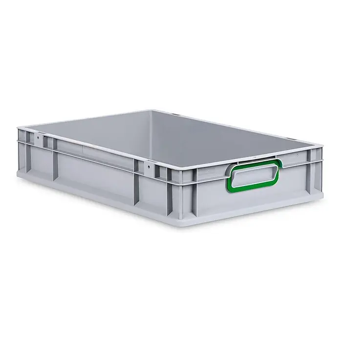Eurobox NextGen Color 12x40x60 23L Griffe grün geschlossen Glatter Boden -  - Grauer Kunststoff-Eurobehälter mit grünem Griffakzent, zum Lagern und Stapeln.