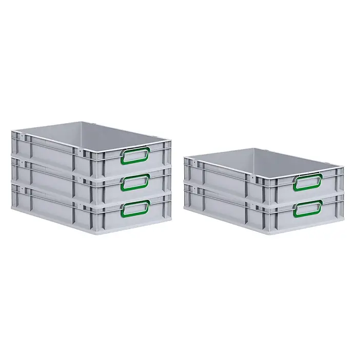 Eurobox NextGen Color 12x40x60 23L Griffe grün geschlossen Glatter Boden -  - Stapelbare graue Kunststoff-Lagerbehälter mit grünen Griffen.