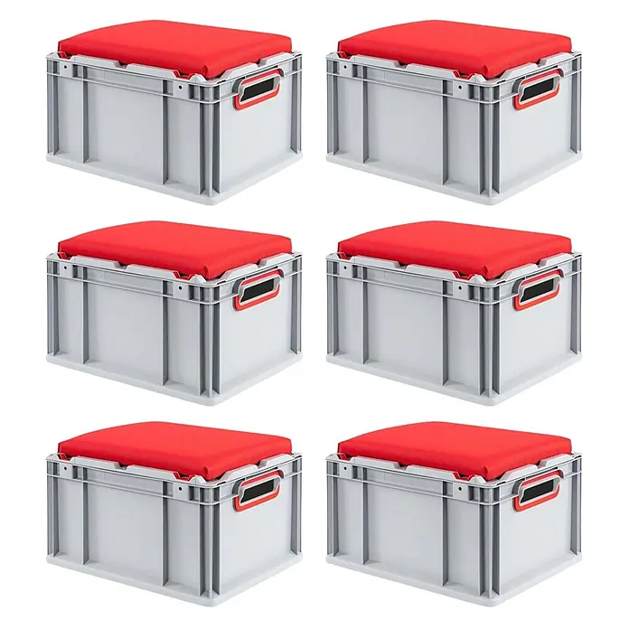 Eurobox NextGen Seat Box Rot 26,5x30x40cm 20L Griffe offen , Sitzbox -  - Sechs graue Kunststoff-Stapelboxen mit roten Sitzkissen.