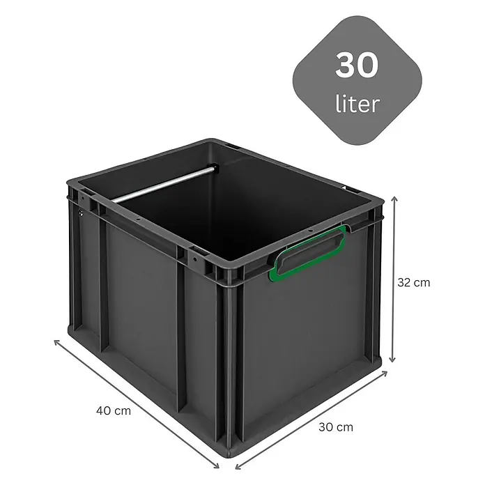 Hängeregisterbox Nextgen, 32x30x40, 30 Liter, Grün Geschlossen, Schwarz -  - Dunkelgraue Kunststoff-Vorratsbox, 30 Liter Fassungsvermögen, mit grünem Griff. Maße 40x30x32 cm.