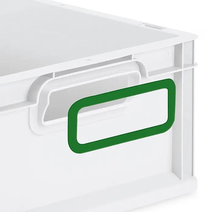 Eurobox 16er Set NextGen Color  12x30x40cm 11L Griffe grün  Grau -  - Weiße Aufbewahrungsbox mit grünem, rechteckigem Etikettenhalter an der Seite.