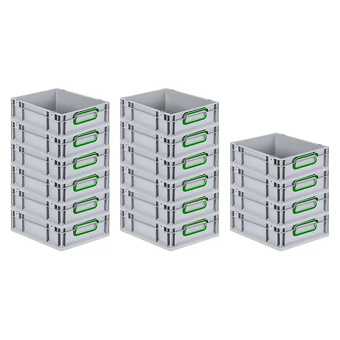 Eurobox 16er Set NextGen Color  12x30x40cm 11L Griffe grün  Grau -  - Drei Stapel grauer Plastik-Lagerbehälter mit grünen Griffen.