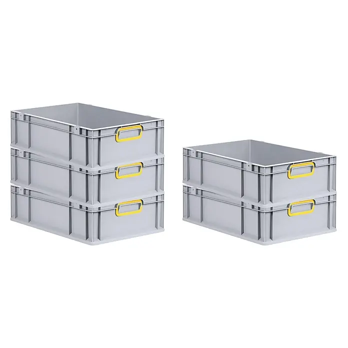 SparSet 10x Eurobox NextGen Color  17x40x60cm 34L Griffe gelb  Grau -  - Graue Kunststoff-Stapelbehälter mit gelben Griffen, gestapelt gezeigt.