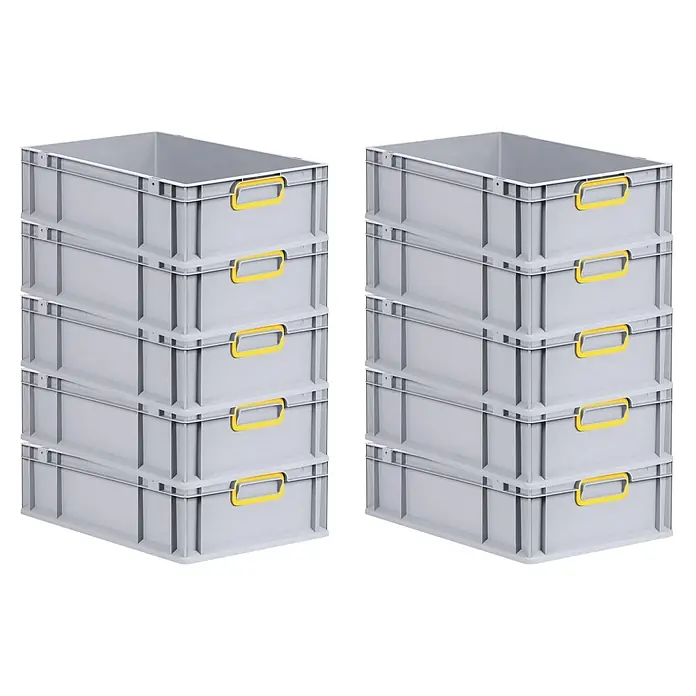 SparSet 10x Eurobox NextGen Color  17x40x60cm 34L Griffe gelb  Grau -  - Zwei Stapel grauer Kunststoff-Lagerboxen mit gelben Griffen.