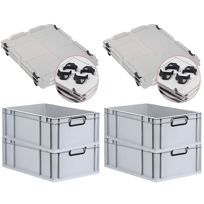 Eurobox 4er Set NextGen Color 22x40x60 44L Grau Griffe schwarz -  - Hellgraue Kunststoff-Lagerboxen mit schwarzen Griffen und passenden Deckeln mit Clips.