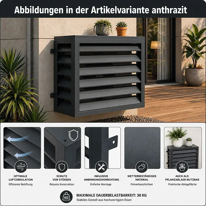 Mendler Verkleidung für Klimaanlage/Wärmetauscher HWC-O43-1 - grau-weiß -  - Anthrazitfarbene Abdeckung für Klimaanlagen-Außengeräte, wetterfest, an einer Wand montiert und als Pflanzablage genutzt.