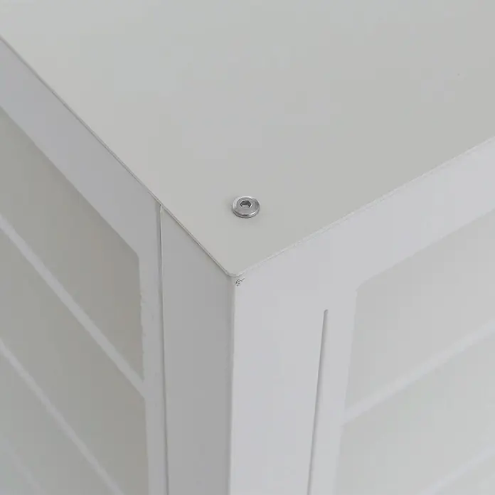 Mendler Verkleidung für Klimaanlage/Wärmetauscher HWC-O43-1 - grau-weiß -  - Weiße Möbelkante mit sichtbarem silbernem Sechskantschraubenkopf auf der Oberseite.