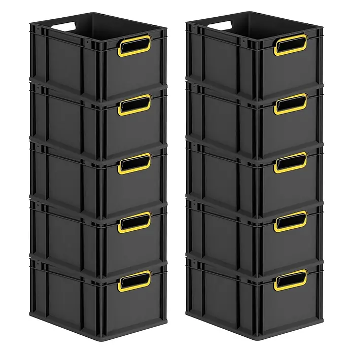 SparSet 10x Eurobox NextGen Color  22x30x40cm 20L Griffe gelb  Schwarz -  - Schwarze Stapelboxen mit gelben Griffen, gestapelt.