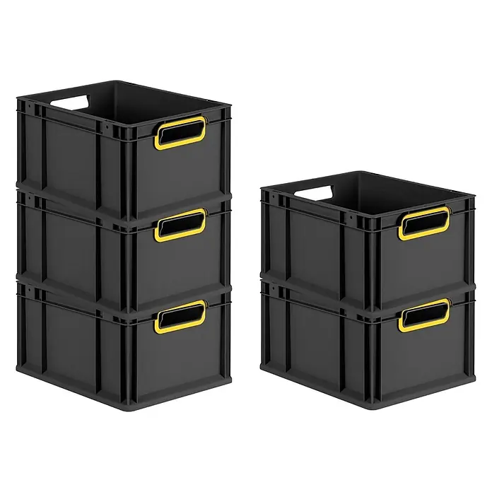 SparSet 10x Eurobox NextGen Color  22x30x40cm 20L Griffe gelb  Schwarz -  - Zwei Stapel schwarzer Kunststoff-Lagerkisten mit leuchtend gelben Griffen.
