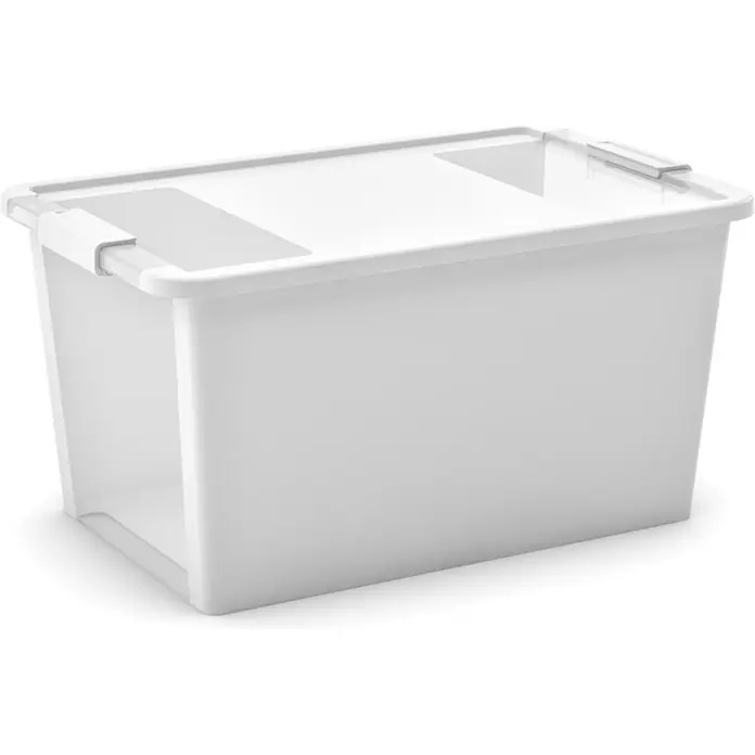 Mehrzweck Aufbewahrungsbehälter STORAGE & Deckel 28x55x35cm 40L Weiß -  - Weißer rechteckiger Aufbewahrungsbehälter mit durchscheinendem Deckel und grauen Verschlüssen.