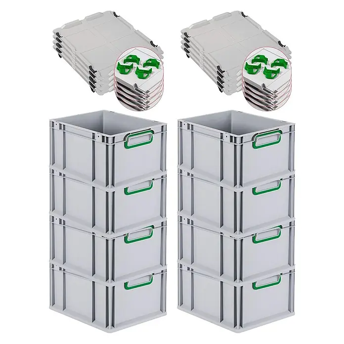 Eurobox 8er Set NextGen Color 22x30x40 20L Grau Griffe grün -  - Zwei Sets grauer Lagerkisten mit grünen Griffen und Deckeln mit grünen Clips.