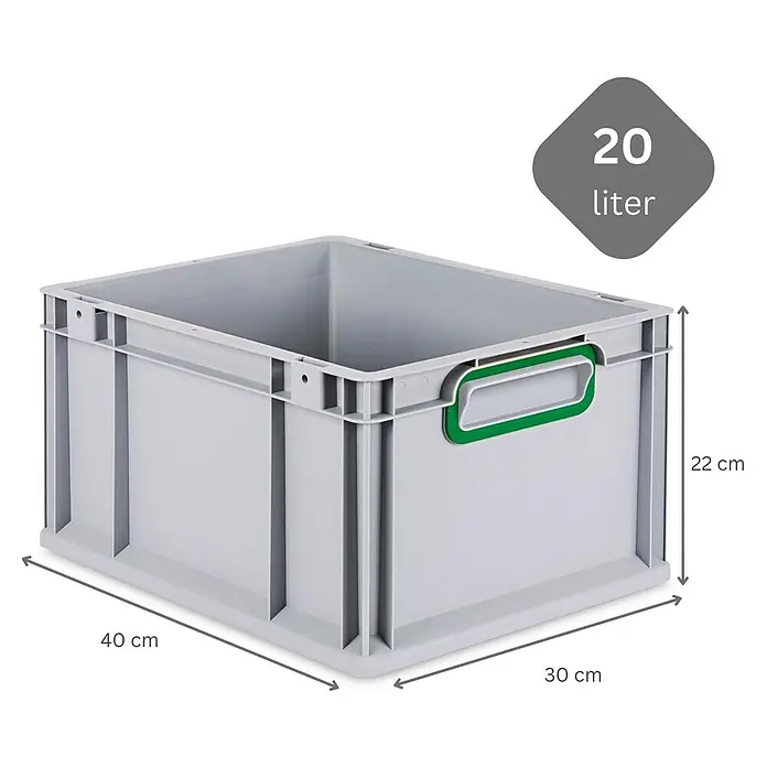 Eurobox 8er Set NextGen Color 22x30x40 20L Grau Griffe grün -  - Graue Kunststoff-Stapelbox mit grünem Griff, 20 Liter Volumen, 40x30x22 cm.