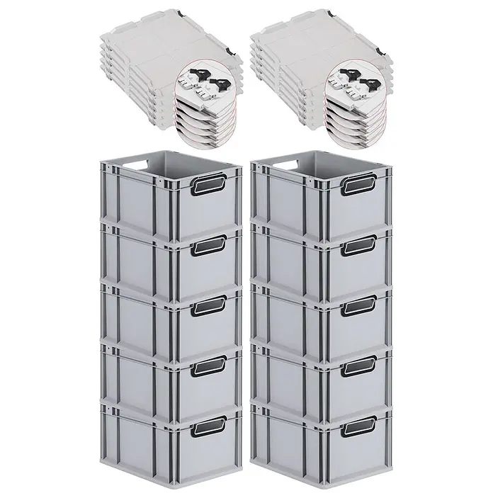 SuperSparSet 10xEurobox NextGen Color 22x30x40 20L Grau |  schwarz offen -  - Zehn graue stapelbare Kunststoff-Lagerboxen mit zehn passenden Deckeln und schwarzen Verschlüssen.