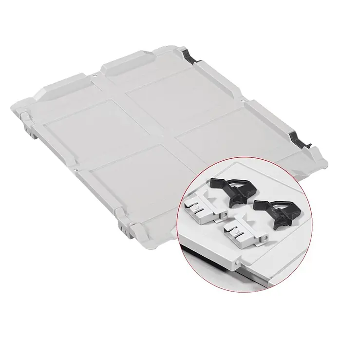 SuperSparSet 10xEurobox NextGen Color 12x30x40 11L Grau schwarz offen -  - Hellgraue rechteckige Kunststoffbasis/Plattform mit texturierter Oberfläche, im Detail gezeigt mit zwei schwarzen und zwei weißen Befestigungsclips.