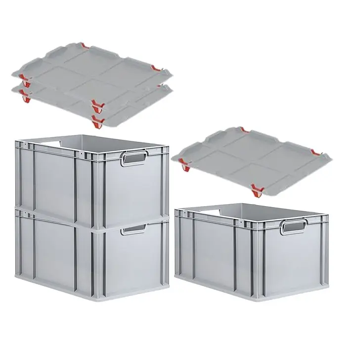 Eurobox 3er Set NextGen Grip 32x40x60 65L Grau Griffe offen -  - Stapelbare graue Kunststoff-Lagerbehälter mit Griffen und passende graue Kunststoffdeckel mit roten Verschlüssen.