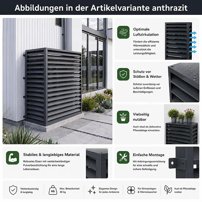 Mendler Verkleidung für Klimaanlage/Wärmetauscher HWC-O43-7 - anthrazit -  - Anthrazitfarbene Lamellenverkleidung aus robustem Metall für Klimaanlagen/Wärmetauscher, wetterfest und langlebig, auch als Pflanzenablage nutzbar.
