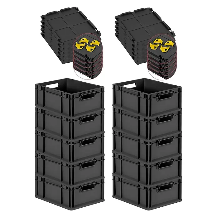 SuperSparSet 10xEurobox NextGen Grip 4 gelben 17x30x40 16L Schwarz offen -  - Schwarze Kunststoff-Faltboxen und passende Deckel mit gelben Sicherungsklammern.